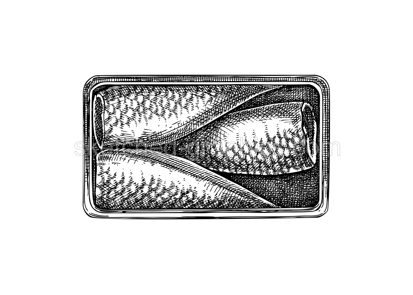 Hand drawn canned fish illustration. Herrings in olive oil vector drawing isolated on white background. Tinned herring food sketch. Tin can with seafood for restaurant menu or product design Illustration